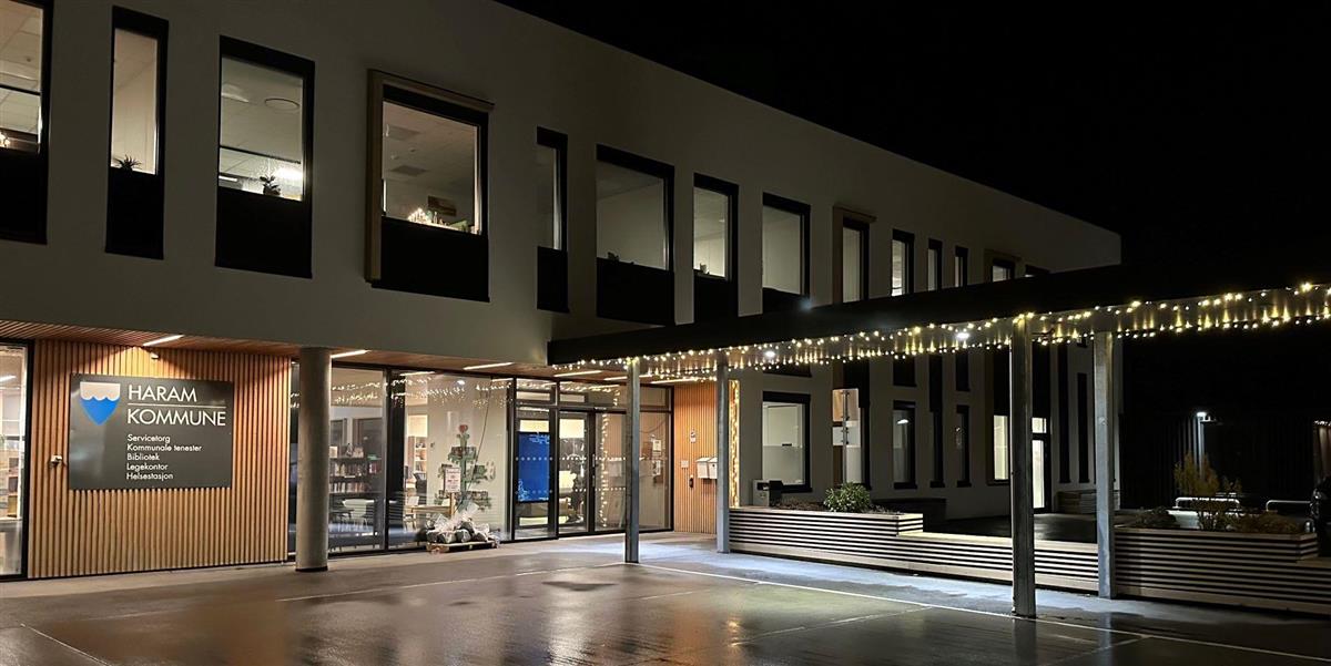 Inngangsparti på bygg pynta med julelys - Klikk for stort bilete